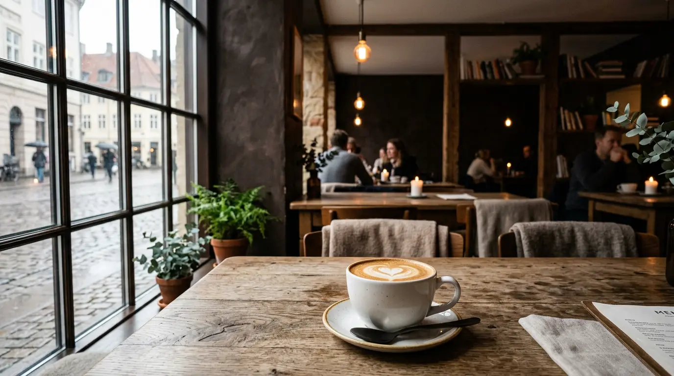 En cappuccino med latte art på et træbord i caféen